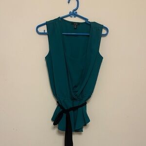 Jacob Teal Sleeveless peplum Blouse with Blk Waist Tie tailored drapey XS v-neck